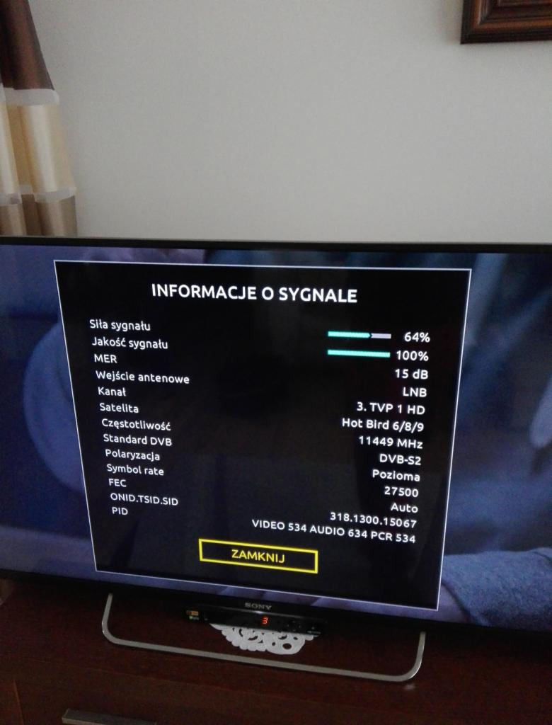 Ekran telewizora Sony wyświetlający informacje o sygnale z satelity Hot Bird, w tym siłę i jakość sygnału, częstotliwość oraz standard DVB-S2.