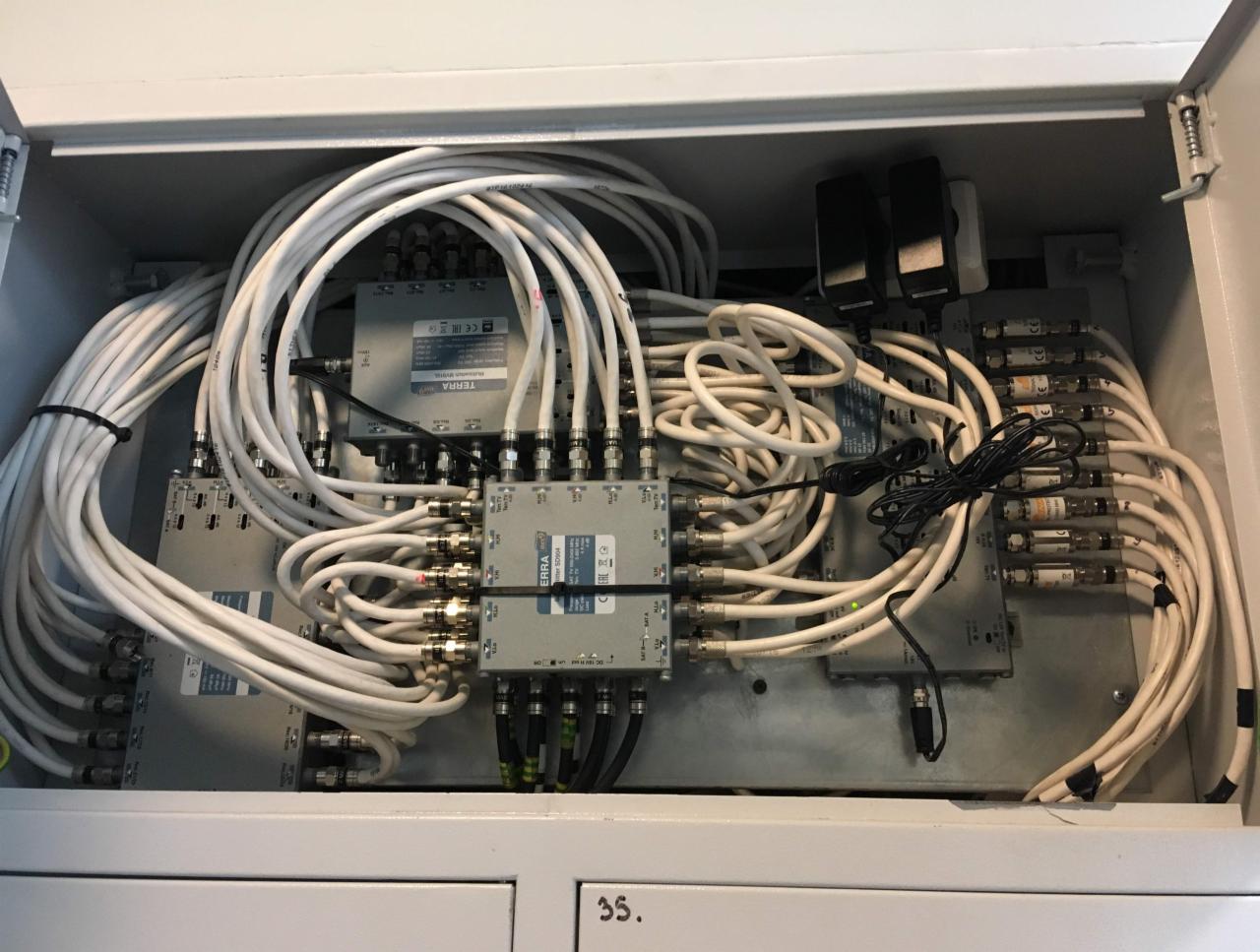 Rozdzielacze sygnału antenowego w metalowej szafce, liczne białe kable koncentryczne podłączone do urządzeń marki Terra, czarne kable zasilające, widoczny numer '35' na dolnej części szafki.