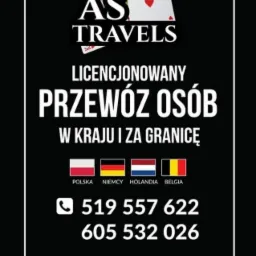 Czarno-biała reklama firmy AS Travels z logo w postaci kart do gry, informacją o licencjonowanym transporcie osób w kraju i za granicą, flagami Polski, Niemiec, Holandii i Belgii, numerami...