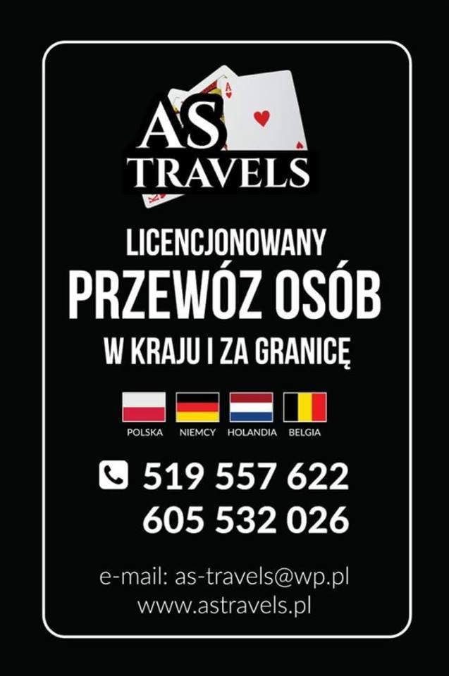 Czarno-biała reklama firmy AS Travels z logo w postaci kart do gry, informacją o licencjonowanym transporcie osób w kraju i za granicą, flagami Polski, Niemiec, Holandii i Belgii, numerami...