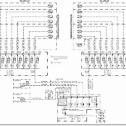 Schemat instalacji elektrycznej budynku wielorodzinnego z podziałem na klatki, zawierający oznaczenia obwodów, zabezpieczeń i parametrów technicznych.