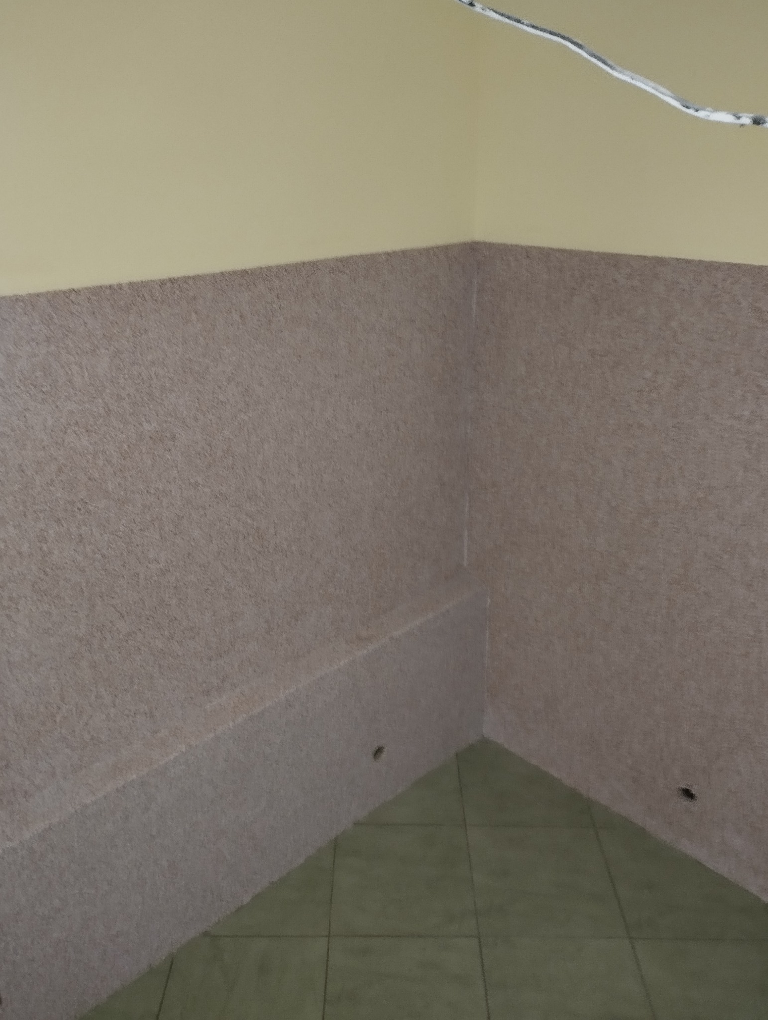 Wykończone wnętrze: ściany z beżową boazerią do połowy wysokości, kremowa góra i zielona podłoga z płytek. Widok na róg pomieszczenia.