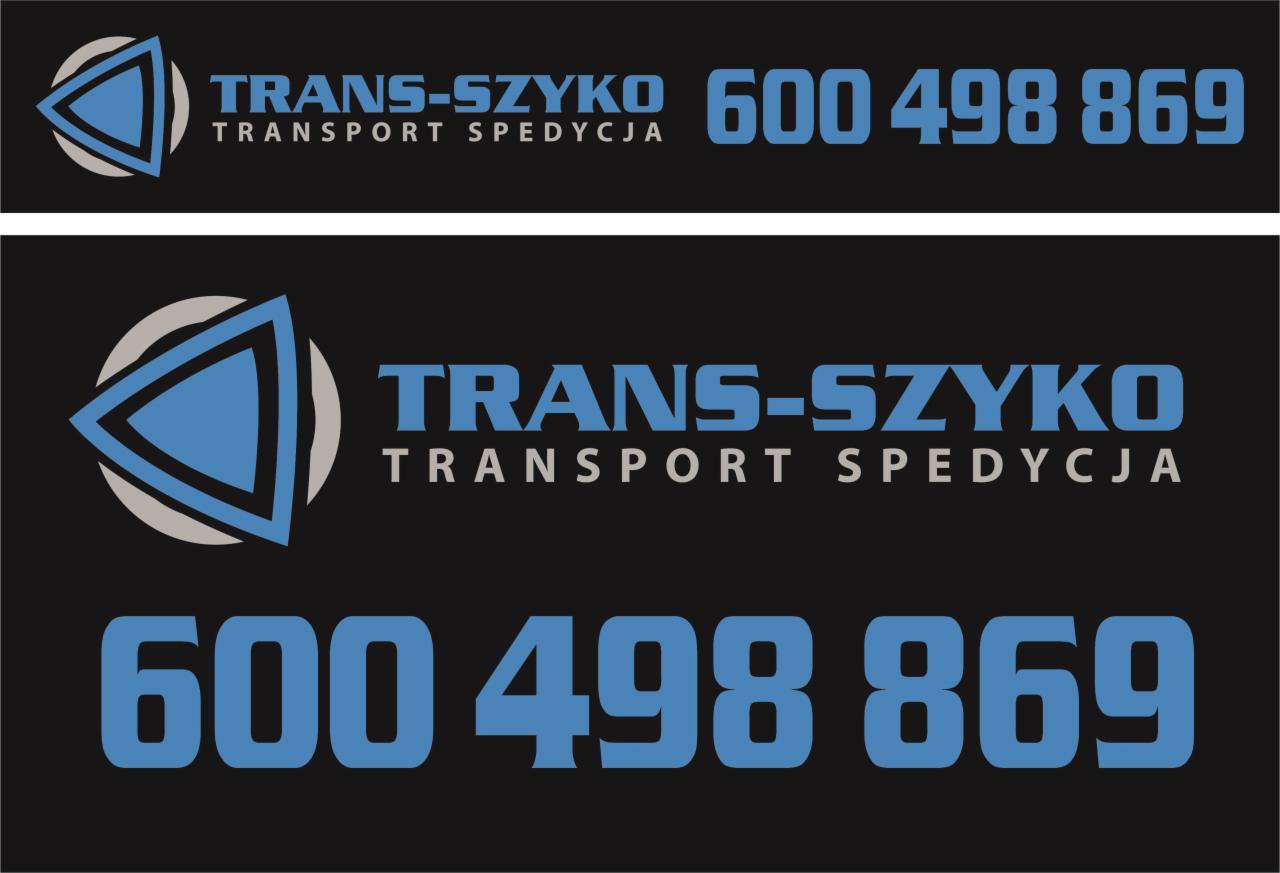 Logo firmy transportowej TRANS-SZYKO z numerem telefonu 600 498 869, na czarnym tle.
