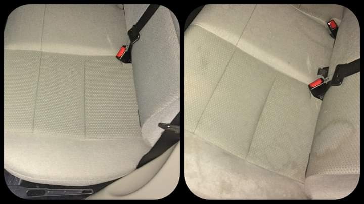 Porównanie: Wyczyszczone (lewa strona) i zabrudzone (prawa strona) jasne, tekstylne siedzenie samochodowe z widocznym pasem bezpieczeństwa.