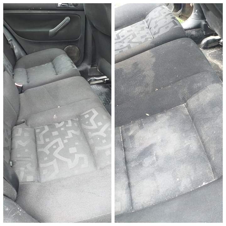 Porównanie tylnej kanapy samochodu przed i po praniu tapicerki, widoczne plamy i zabrudzenia usunięte po prawej stronie.