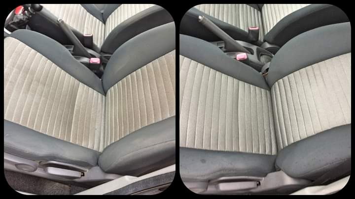 Porównanie fotela samochodowego przed i po czyszczeniu: po lewej stronie widoczne zabrudzenia, po prawej - czysta, odświeżona tapicerka w odcieniach szarości z prążkowanym wzorem.