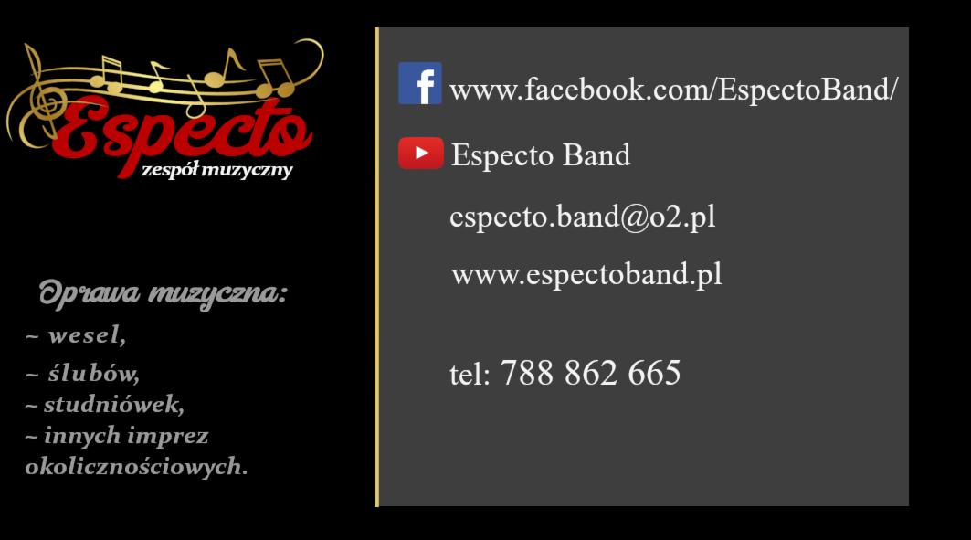 Grafika reklamowa z nazwą i logo zespołu muzycznego Especto z Naprawy, oferującego oprawę muzyczną na wesela, śluby, studniówki i inne imprezy okolicznościowe. Widoczne dane kontaktowe: adres...