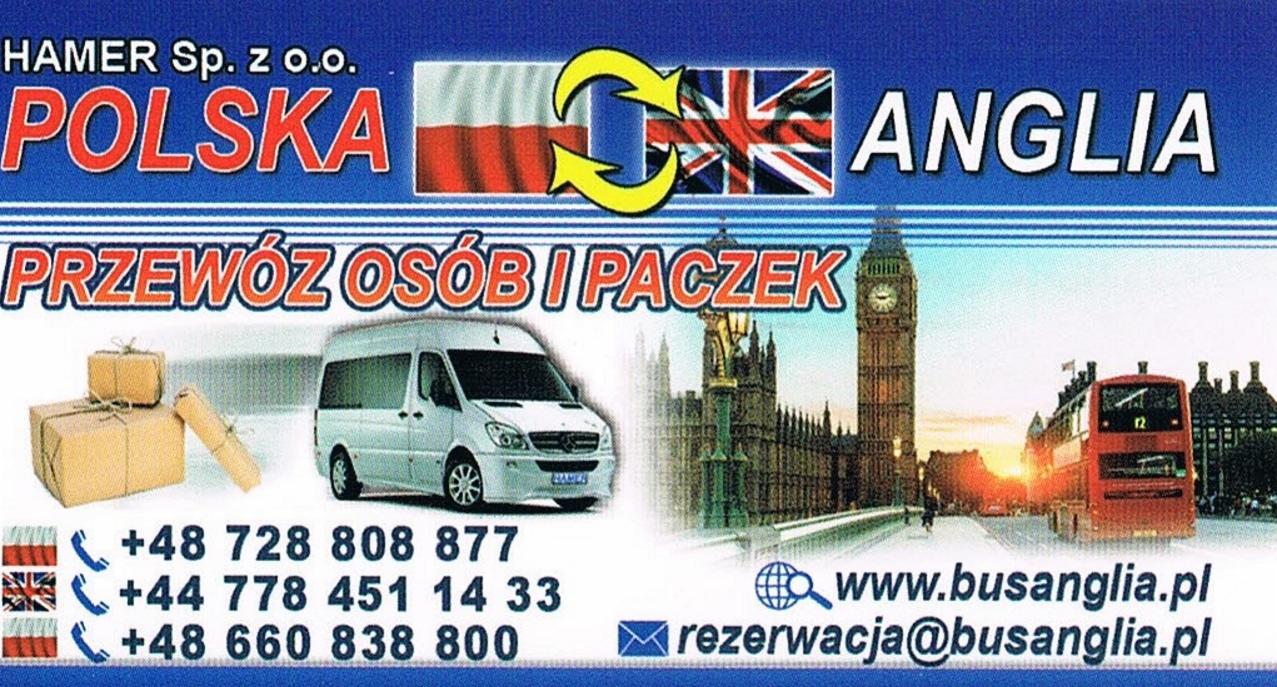 Grafika reklamowa firmy HAMER Sp. z o.o. oferującej przewóz osób i paczek między Polską a Anglią, z flagami, autobusem, Big Benem i danymi kontaktowymi.