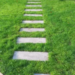 Ścieżka z prostokątnych płyt betonowych ułożona w trawniku, prowadząca w głąb ogrodu, widoczny fragment kostki brukowej po lewej stronie.