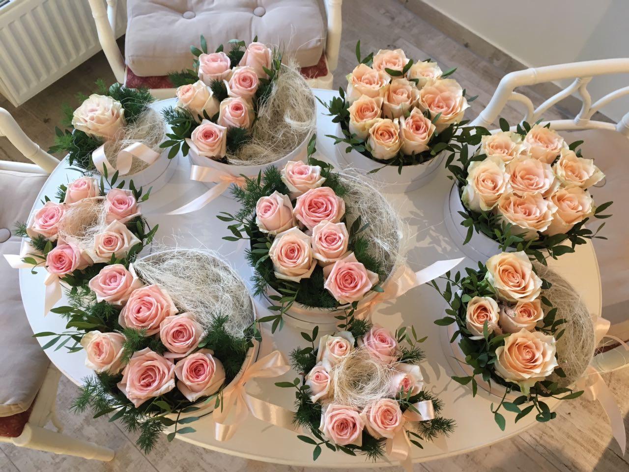 Kompozycja z siedmiu bukietów róż w okrągłych, białych pudełkach, ozdobionych wstążkami i delikatnym siankiem, ustawionych na białym, okrągłym stole.