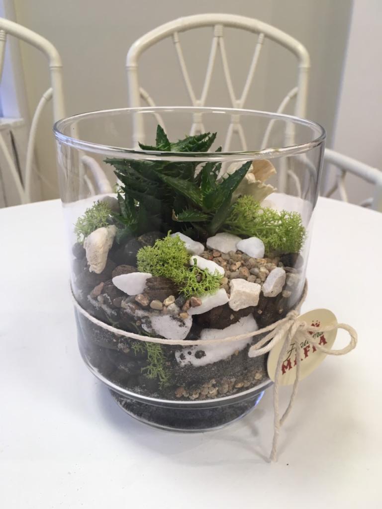 Szklane naczynie z kompozycją sukulentów, mchu i kamieni, ozdobione sznurkiem z etykietką na białym stole i tle jasnych krzeseł.