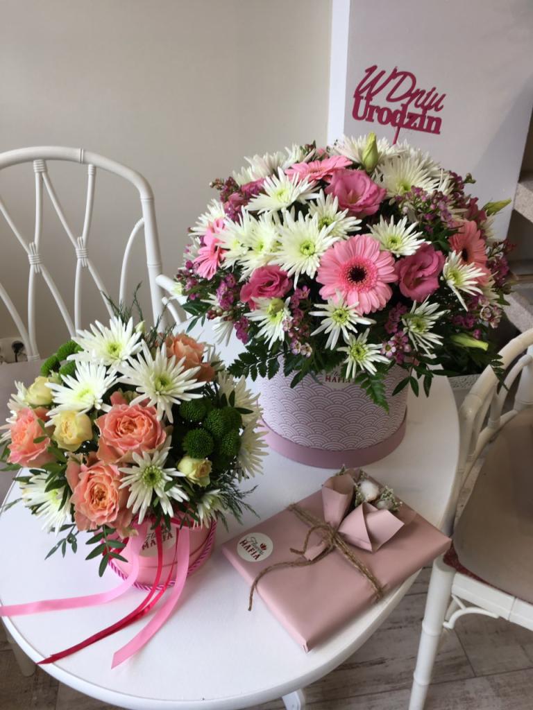 Dwa bukiety kwiatów w różowych pudełkach na białym stoliku, obok prezent zapakowany w różowy papier i przewiązany sznurkiem, w tle napis 'W Dniu Urodzin'.