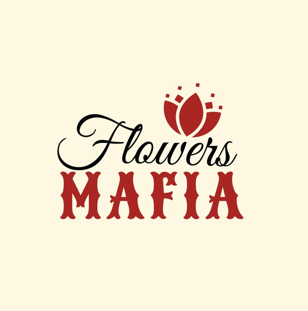 Logo firmy 'Flowers Mafia' z stylizowanym kwiatem i napisem w dwóch różnych fontach na kremowym tle.