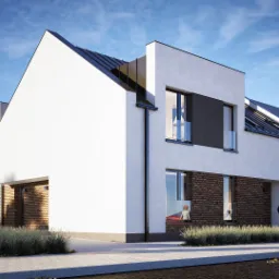 Wizualizacja nowoczesnego domu jednorodzinnego z białymi ścianami i elementami z cegły klinkierowej, z czarnym dachem i oknami, z ludźmi i samochodem na podjeździe.