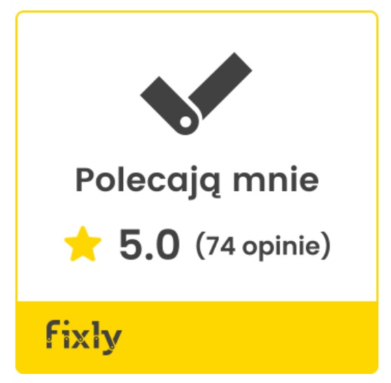 Rekomendacja Fixly: Ocena 5.0 (74 opinie) z symbolem zatwierdzenia w górnej części.