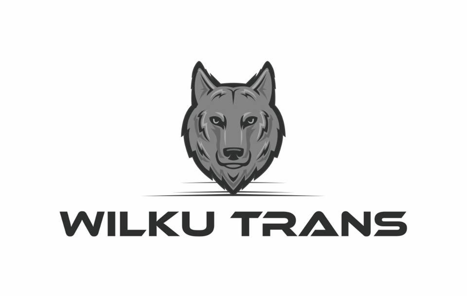 Logo firmy transportowej z głową wilka i napisem WILKU TRANS.