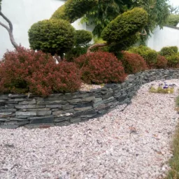 Ogród z ozdobnymi krzewami, formowanymi drzewami i rabatą z kamienia łupkowego, wysypany drobnym żwirem.