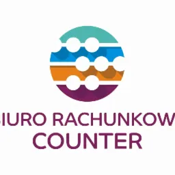 Logo firmy Biuro Rachunkowe COUNTER z abstrakcyjnym okręgiem w kolorach turkusowym, niebieskim, pomarańczowym i fioletowym.