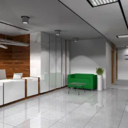 Wizualizacja wnętrza biura: recepcja z białymi biurkami, drewniana ściana, szklane ścianki działowe, zielona sofa i stolik kawowy na polerowanej podłodze z płytek.