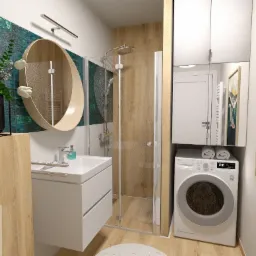 Niewielka łazienka, dużo miejsca do przechowywania, pralko-suszarka, parawan składany do środka.