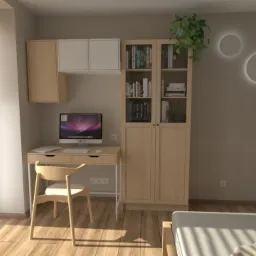 Małe biuro domowe w sypialni, styl Japandi, meble Ikea