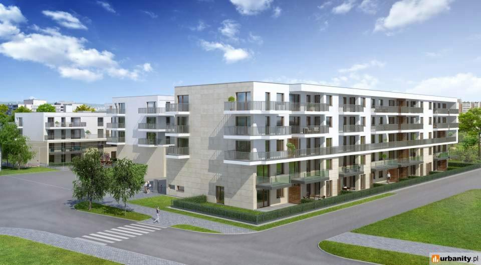 Wizualizacja architektoniczna nowoczesnego kompleksu apartamentowego z białymi balkonami i kamienną elewacją, otoczonego zielenią i alejkami spacerowymi.