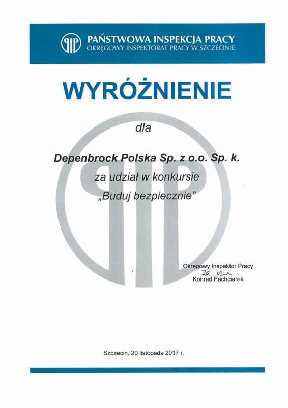 Skan dokumentu: Wyróżnienie dla firmy Depenbrock Polska Sp. z o.o. Sp. k. za udział w konkursie 'Buduj bezpiecznie', wydane przez Państwową Inspekcję Pracy w Szczecinie, 20 listopada 2017.