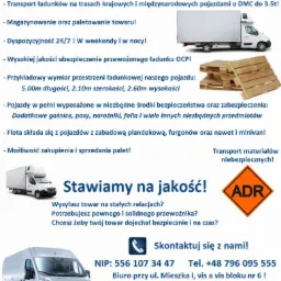 Reklama firmy transportowej z Inowrocławia: flota pojazdów dostawczych, informacja o transporcie krajowym i międzynarodowym, magazynowaniu, paletowaniu, dyspozycyjności 24/7, ubezpieczeniu OCP...