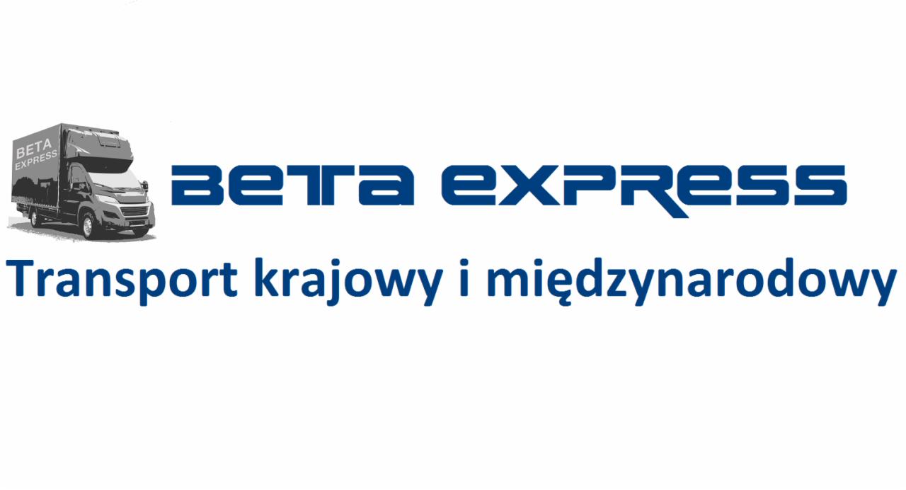 Grafika firmowa: Szary bus dostawczy Beta Express, logo firmy oraz napis 'Transport krajowy i międzynarodowy' na białym tle.