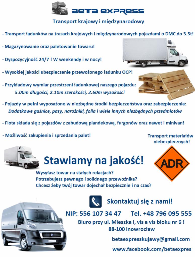 Reklama firmy transportowej z Inowrocławia: flota pojazdów dostawczych, informacja o transporcie krajowym i międzynarodowym, magazynowaniu, paletowaniu, dyspozycyjności 24/7, ubezpieczeniu OCP...
