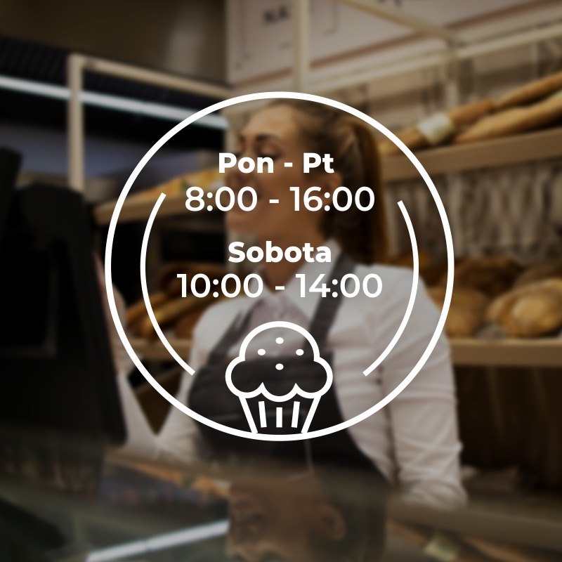 Grafika z godzinami otwarcia piekarni: Pon-Pt 8:00-16:00, Sobota 10:00-14:00, z ikoną babeczki na rozmytym tle piekarni z pracownikiem i pieczywem.