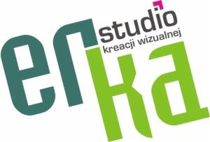 Logo firmy 'efka studio kreacji wizualnej' z zielono-turkusowym napisem na białym tle, z elementami w kolorze fuksji.