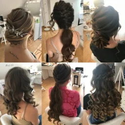 Kolaż sześciu fryzur z różnymi upięciami i stylizacjami, od eleganckich koków z ozdobami po luźne fale i warkocze, prezentowanych na modelkach siedzących na krzesłach w salonie.