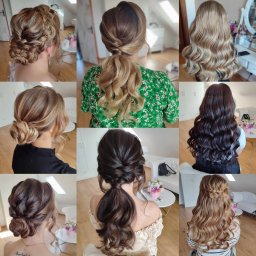 Elżbieta Lis Make-Up - Kolaż dziewięciu zdjęć prezentujących różne upięcia włosów z tyłu głowy, od eleganckich koków po luźne fale, na jasnym tle salonu.