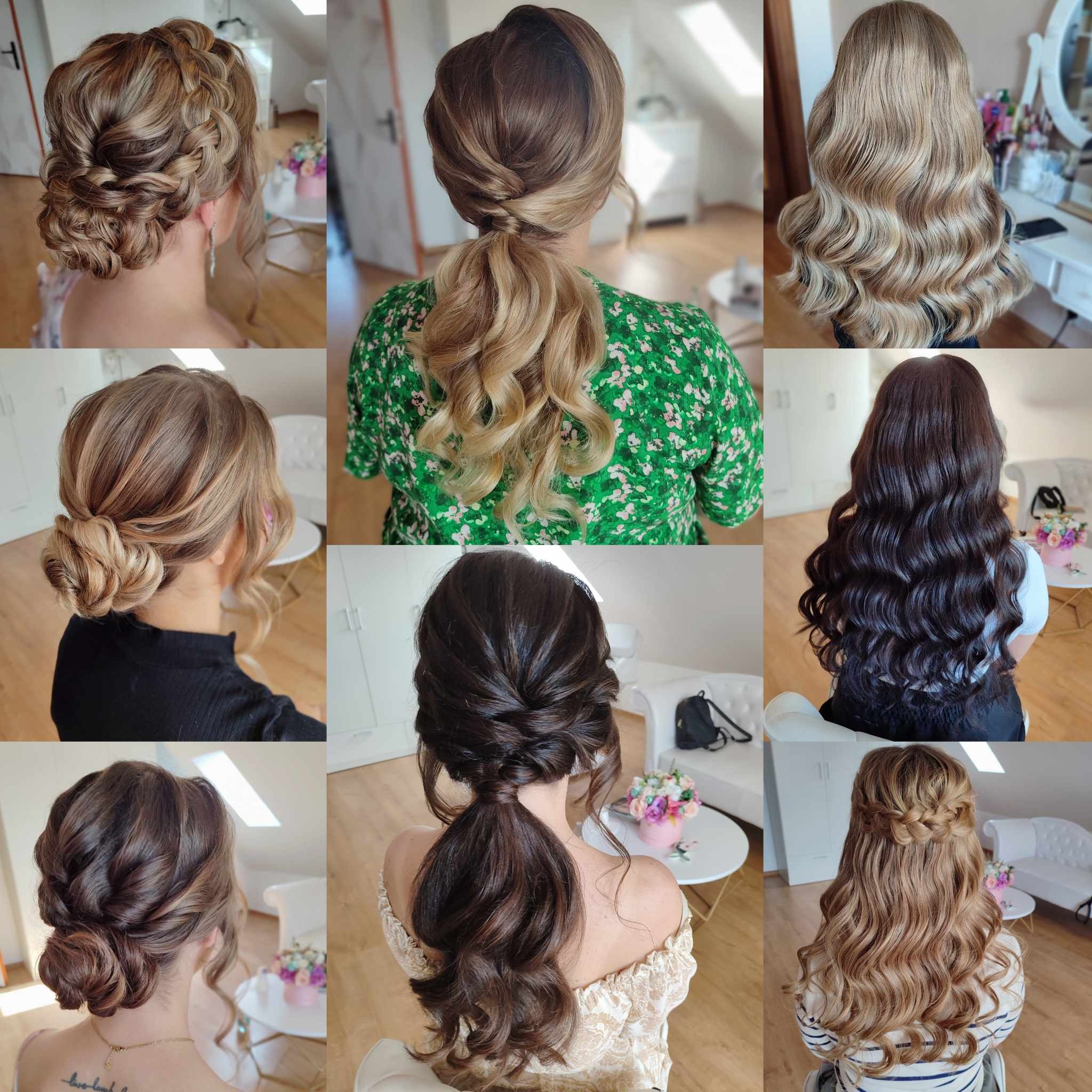 Kolaż dziewięciu zdjęć prezentujących różne upięcia włosów z tyłu głowy, od eleganckich koków po luźne fale, na jasnym tle salonu.