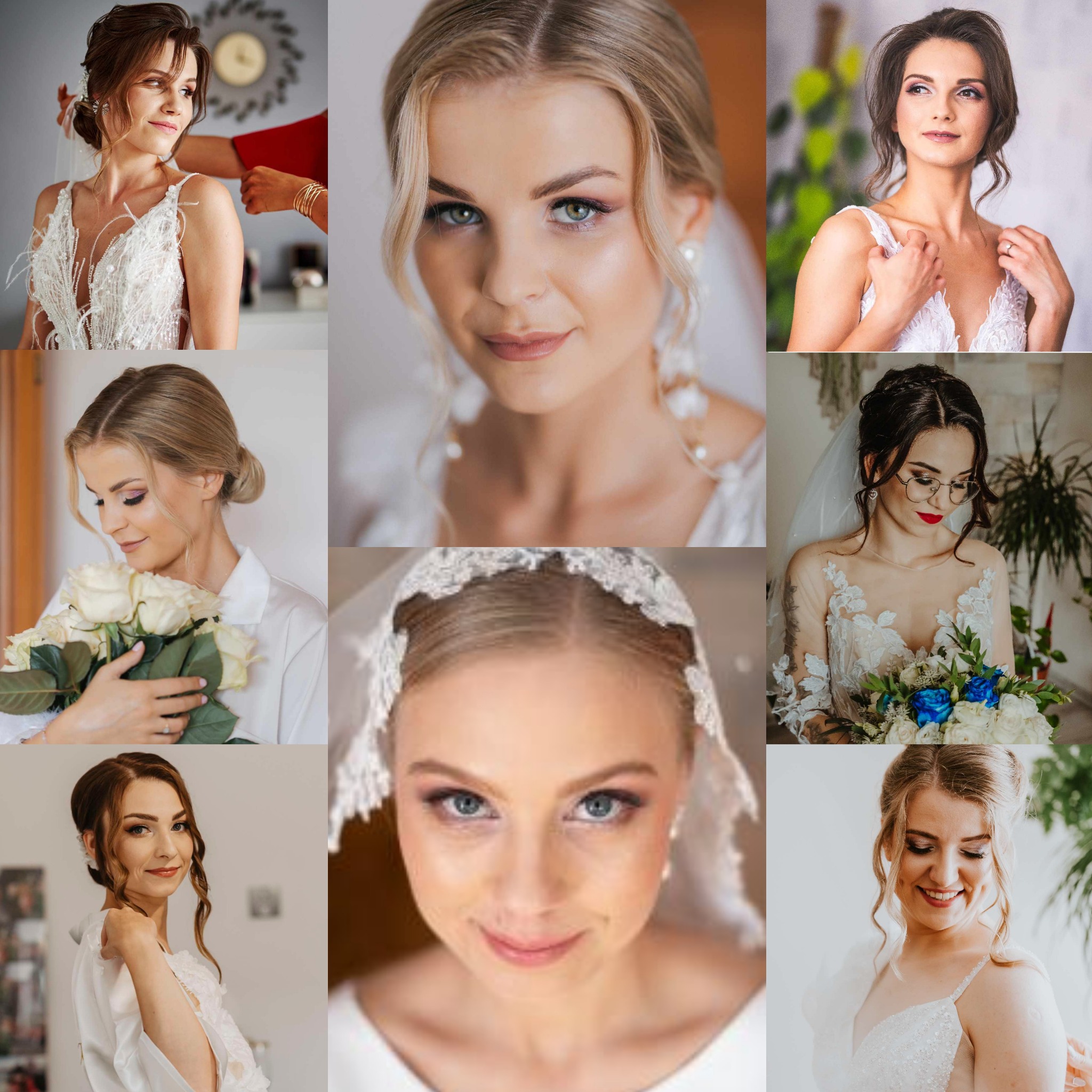 Kolaż portretów ślubnych kobiet z różnymi upięciami i makijażami, w sukniach ślubnych, z welonami i bukietami, prezentujący różnorodność stylizacji.