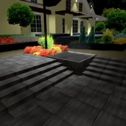 Wizualizacja 3D ogrodu nocą z tarasem z ciemnego drewna, schodami i rabatami kwiatowymi, oświetlona elewacja budynku w tle.