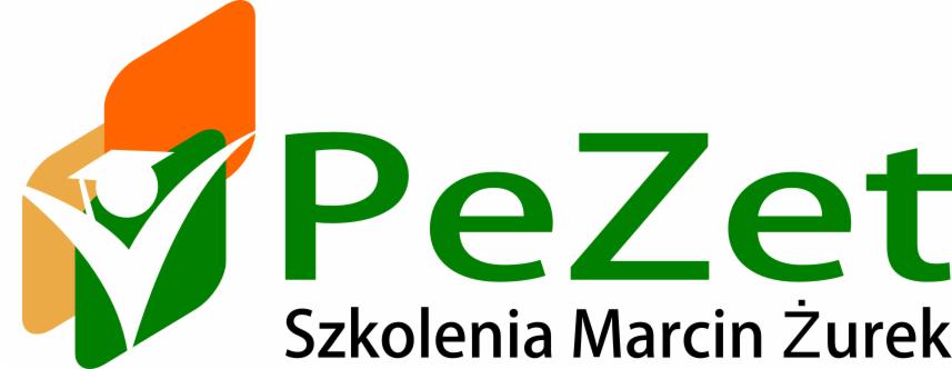 Logo firmy szkoleniowej PeZet Szkolenia Marcin Żurek z zielonym napisem i symbolem osoby w todze na tle pomarańczowych i żółtych kształtów.