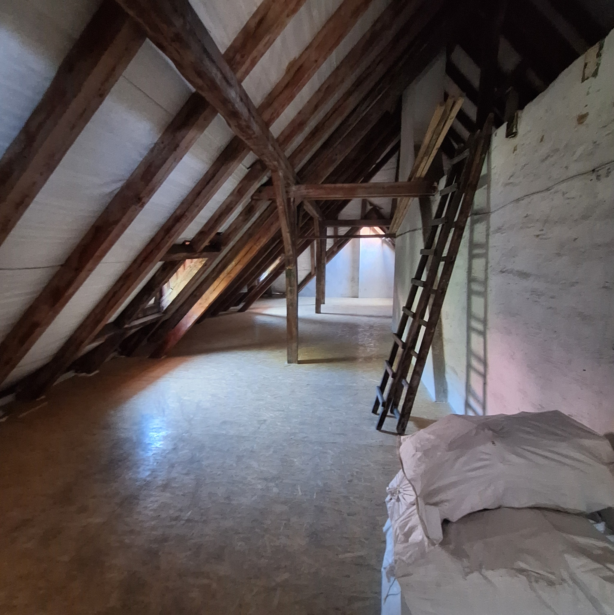 Poddasze z drewnianą konstrukcją dachu, oświetlone naturalnym światłem wpadającym przez okno. Widoczna drabina oparta o ścianę i materiały budowlane.