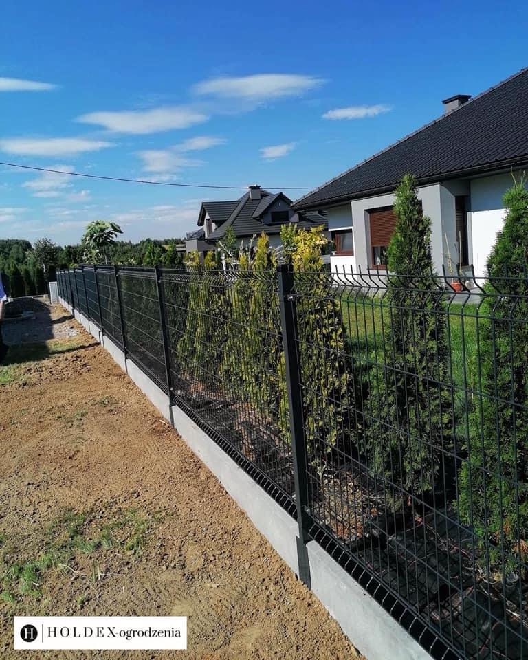 Nowoczesne ogrodzenie panelowe w kolorze grafitowym, z podmurówką betonową, oddzielające posesję z domami jednorodzinnymi od niezagospodarowanego terenu, w tle błękitne niebo.