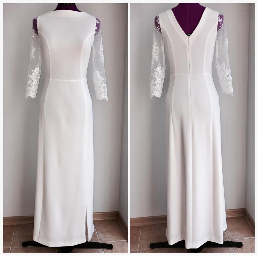 Elegancka, długa suknia ślubna w kolorze ecru z koronkowymi rękawami, prezentowana na manekinie z przodu i z tyłu, ukazująca detale wykończenia i krój.