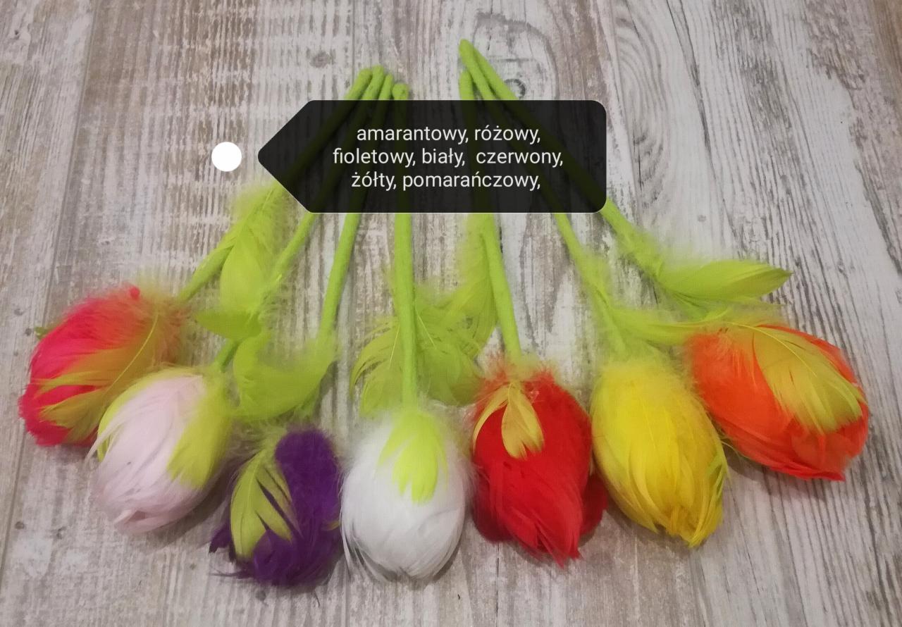 Ręcznie robione, kolorowe kwiaty z piór na drewnianym tle: amarantowy, różowy, fioletowy, biały, czerwony, żółty, pomarańczowy.