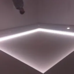 Nowoczesny sufit z wbudowanym oświetleniem LED tworzącym kwadratową ramę, punktowe światło w tle, widoczna odbita sylwetka osoby w rogu.