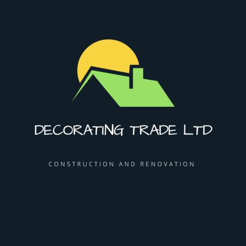 Logo firmy Decorating Trade LTD z grafiką domu pod słońcem, specjalizującej się w budownictwie i renowacjach.