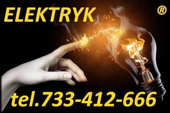Stylizowana grafika: ręka dotyka żarówki, między nimi przeskok iskry, napis ELEKTRYK i numer telefonu na czarnym tle.