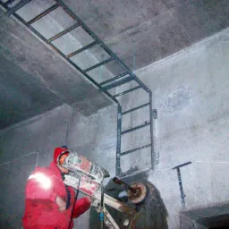 Montaż konstrukcji pod panele fotowoltaiczne wewnątrz budynku, wiercenie otworów w betonowym suficie, pracownik w czerwonym kombinezonie i kasku ochronnym.