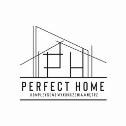 Minimalistyczne logo firmy 'Perfect Home' z abstrakcyjnym rysunkiem domu i napisem 'Kompleksowe wykończenia wnętrz' poniżej.