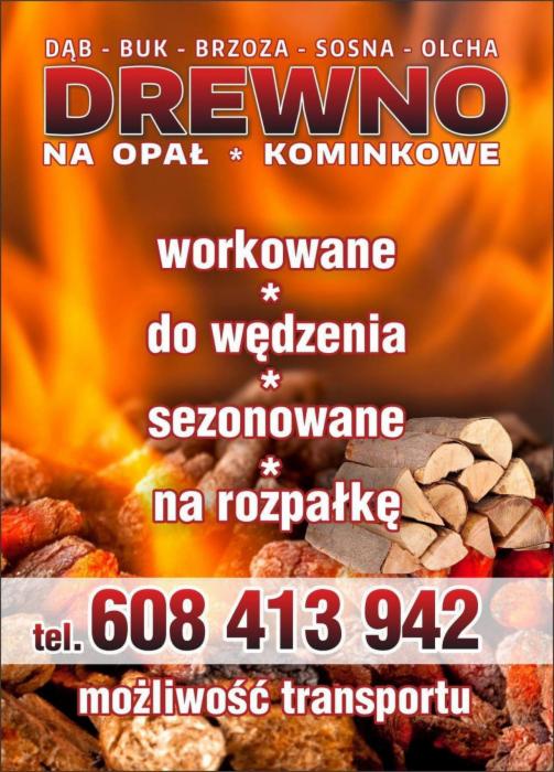 Ogłoszenie sprzedaży drewna: dąb, buk, brzoza, sosna, olcha, workowane, do wędzenia, sezonowane, na rozpałkę, z numerem telefonu i informacją o transporcie na tle płomieni.
