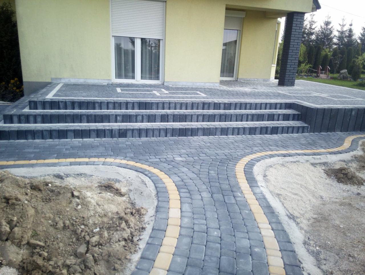 Nowo ułożony chodnik z kostki brukowej w odcieniach szarości i żółci prowadzący do schodów wejściowych domu. Widoczny fragment posesji z zielenią w tle.