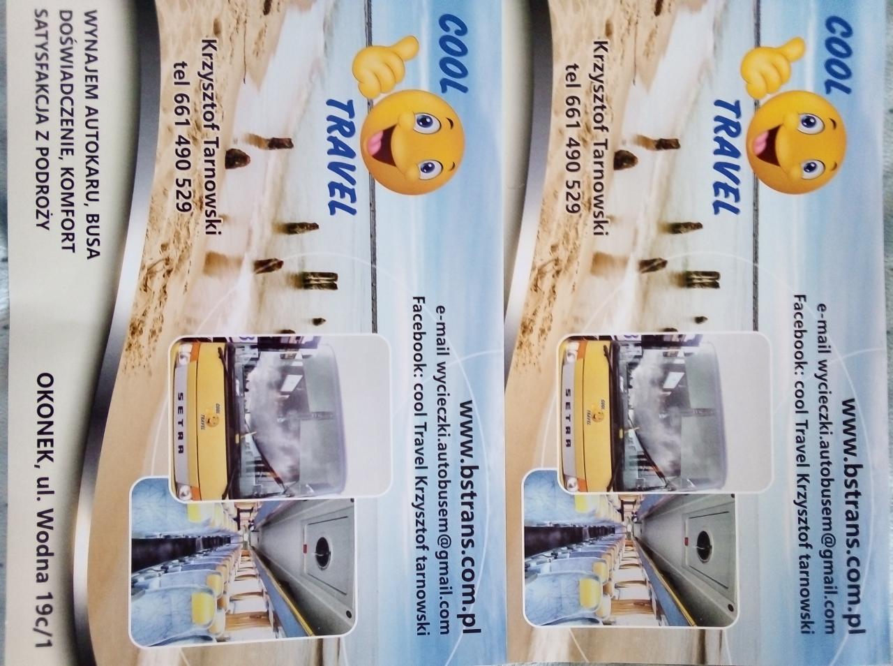 Ulotka reklamowa firmy transportowej z żółtym autobusem Setra, widokiem wnętrza autobusu i adresem strony internetowej oraz danymi kontaktowymi.